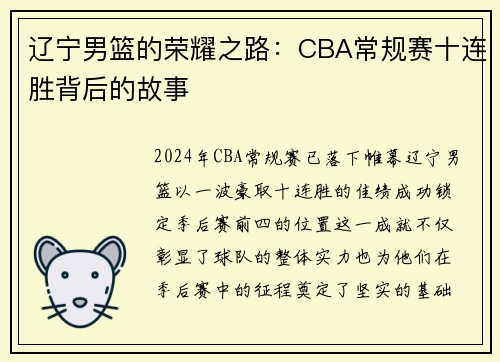 辽宁男篮的荣耀之路：CBA常规赛十连胜背后的故事