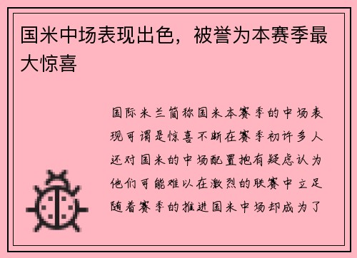 国米中场表现出色，被誉为本赛季最大惊喜