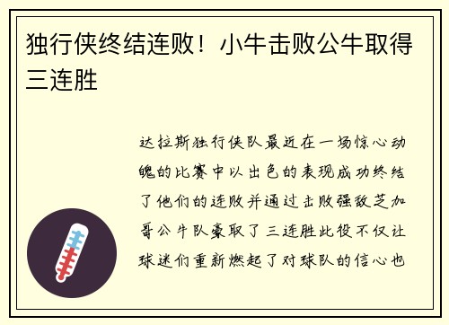 独行侠终结连败！小牛击败公牛取得三连胜