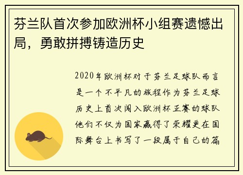 芬兰队首次参加欧洲杯小组赛遗憾出局，勇敢拼搏铸造历史